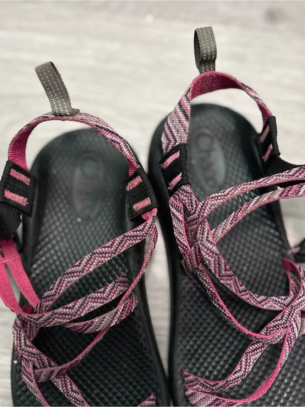 Chaco Girls Pink Patterned Strap Sandals on Black Footbed